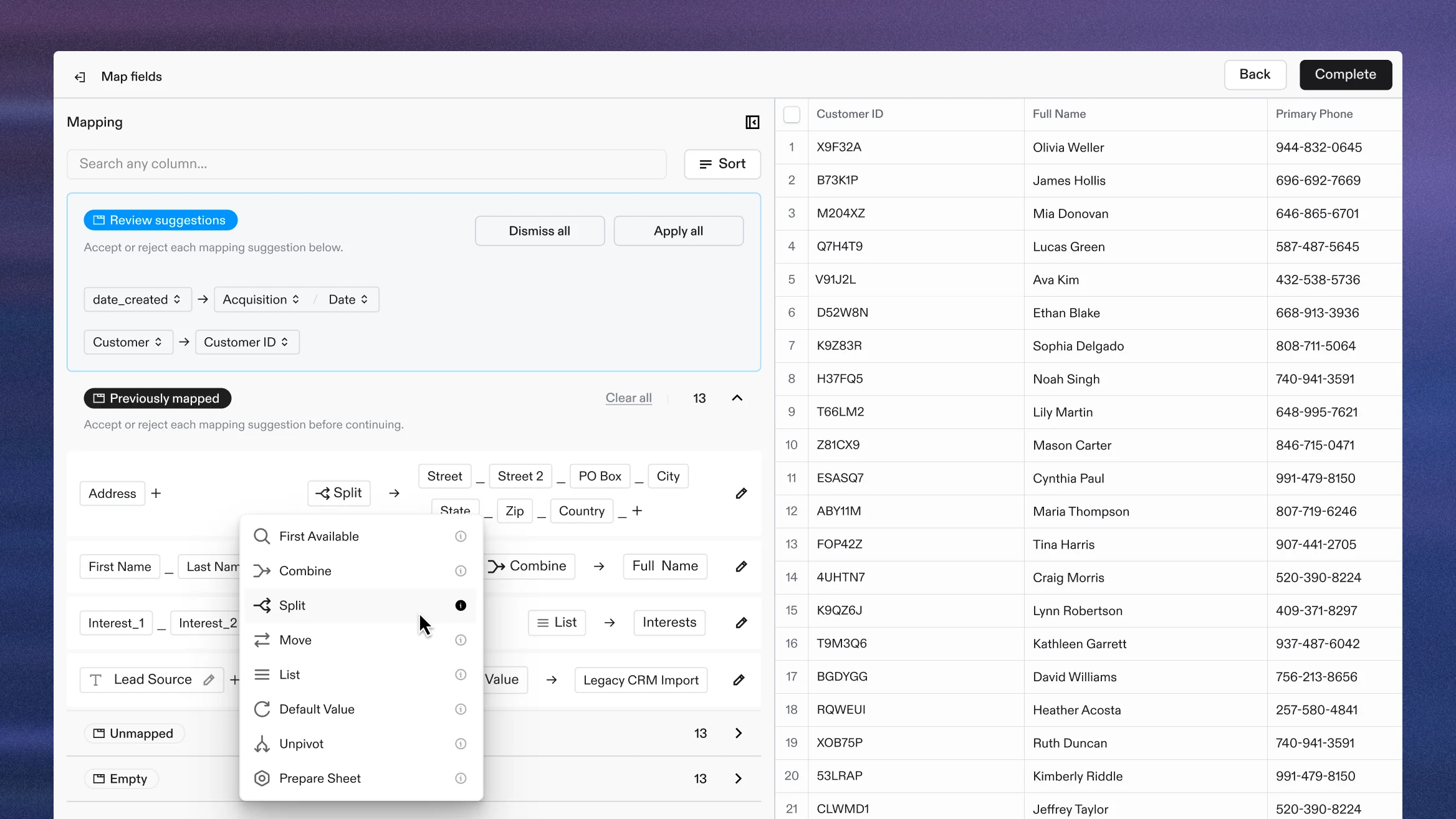 Getting data into the right format shouldn’t require hours of cleanup. Flatfile’s AI engine is trained on 5B+ mapping decisions to automatically match incoming fields to your system, learn from past imports, and give you full control over how data is mapped—no matter how messy the source files are.