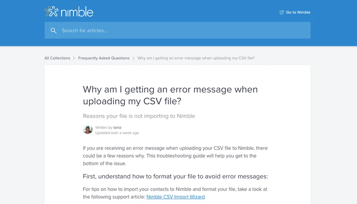 Nimble’s support center answers the question “Why am I getting an error message when uploading my CSV file?” (Source: Nimble)
