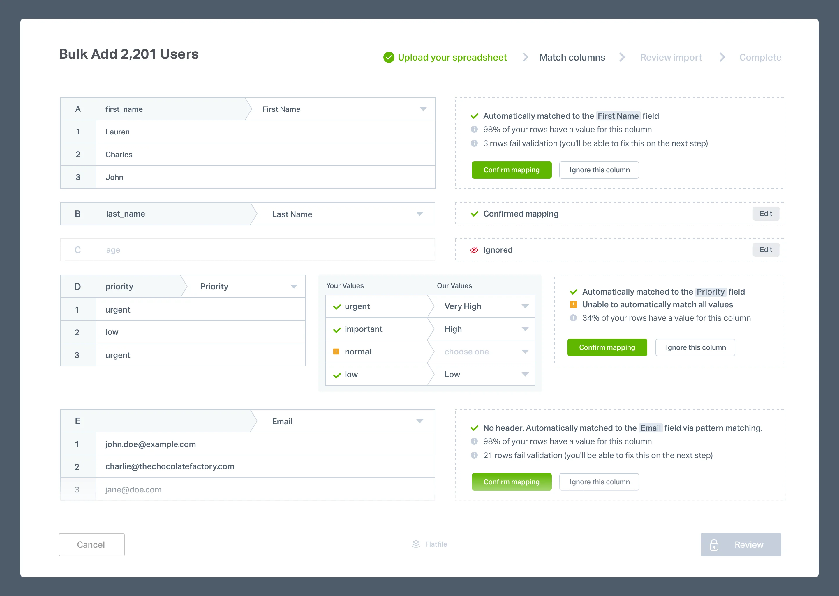 Field matching UI screenshot