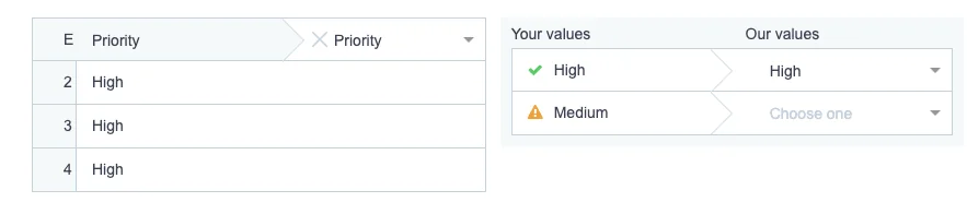 Flatfile Portal calls attention to labels or CSV values that don’t have an exact match in a product. (Source: ClickUp)