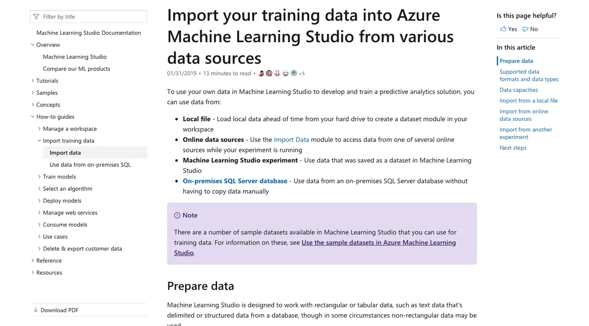 A highly technical product like Microsoft Azure attempts to reasonably present developers with extensive documentation for importing user data. (Source: Microsoft Azure)