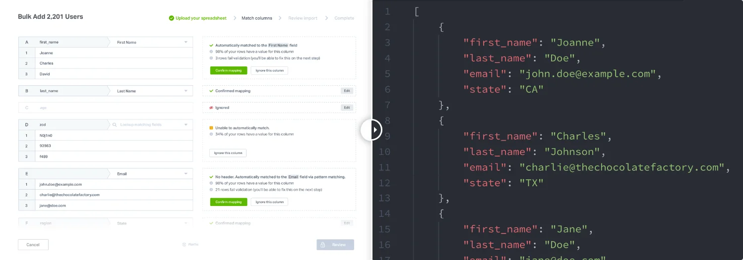 Flatfile’s simple JSON configurator allows CSV fields to be mapped to specific data models seamlessly. Subsequent CSV data imports from users will adhere to this data model.