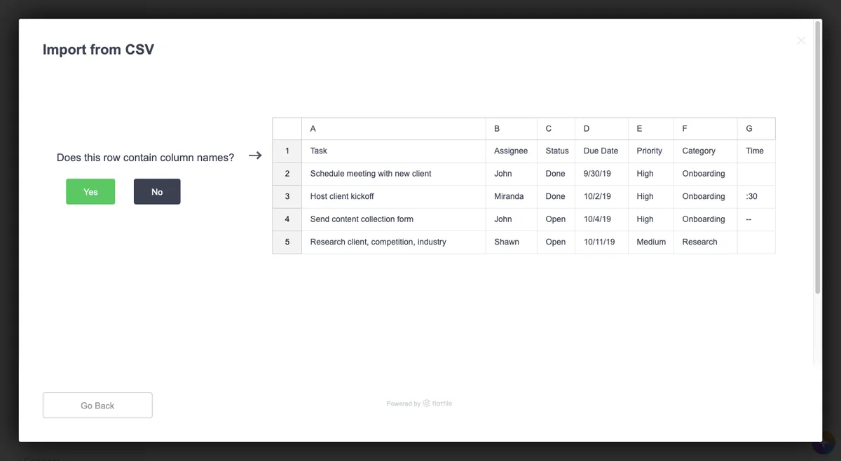 Portal asks users to identify column names for accurate mapping. (Source: ClickUp)