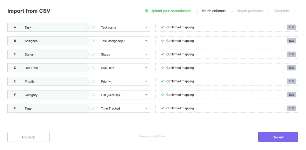 Users get a chance to confirm CSV labels and clean up their spreadsheet results before importing their data. (Source: ClickUp)