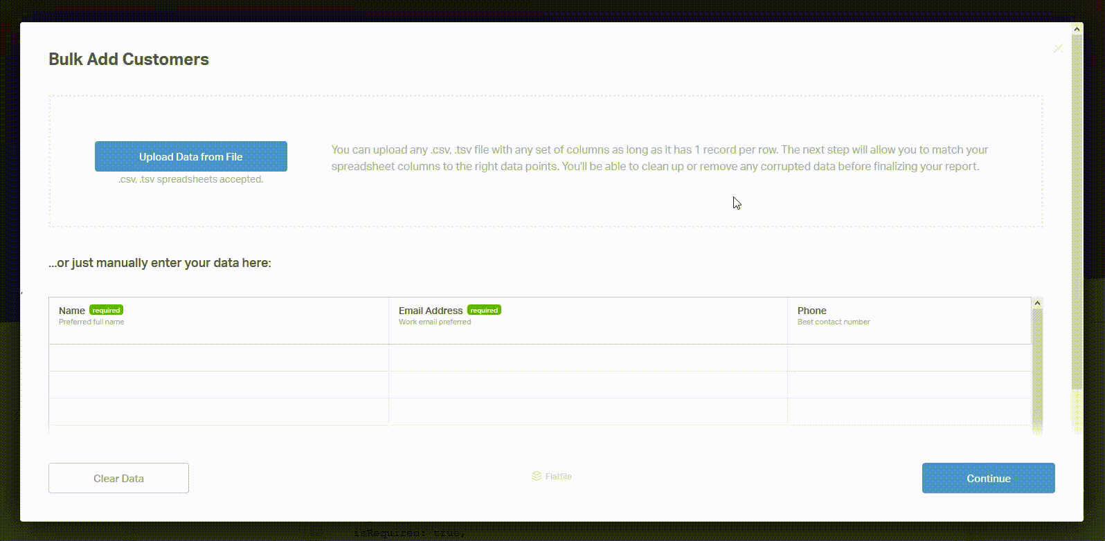Flatfile in action. The data importer can be integrated into any application using a JavaScript snippet. Take Flatfile for a spin at https://flatfile.com