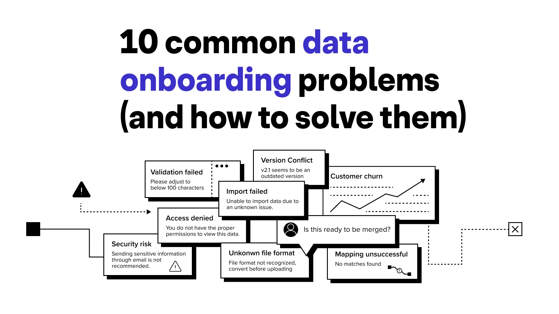 "10 common data onboarding problems (and how to solve them" on a white background with icons representing common errors