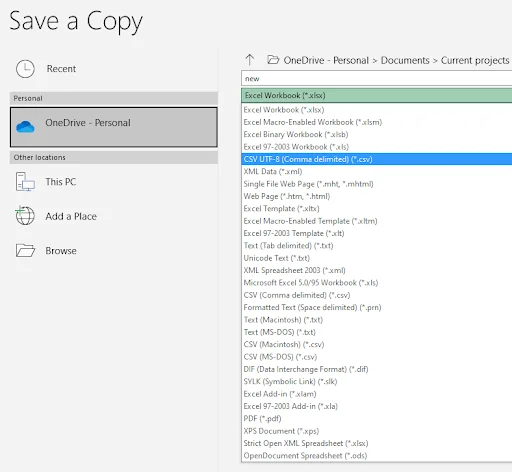 Microsoft CSV file types