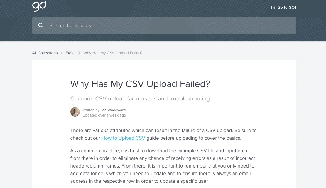 Go1’s support center answers the question “Why Has My CSV Upload Failed?”. (Source: Go1)
