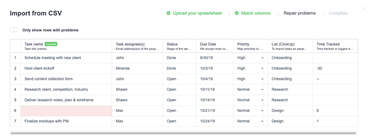 Validation errors detected in ClickUp’s data import appear in red. (Source: ClickUp)
