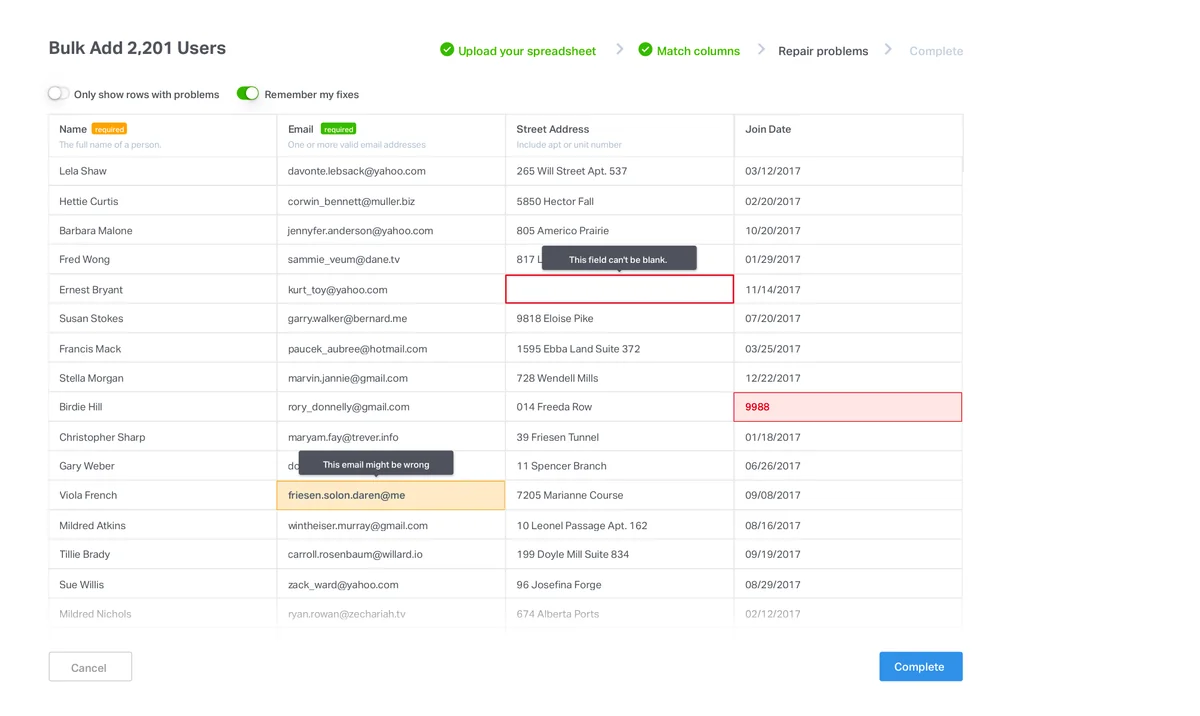 An example of CSV field validation and cached imports, all possible with Flatfile.