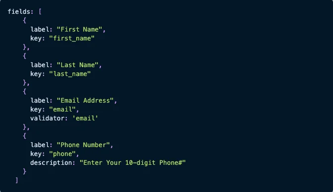 An example from Flatfile on how to configure the JavaScript with your own keys and labels for a basic contact list import. (Source: Flatfile)
