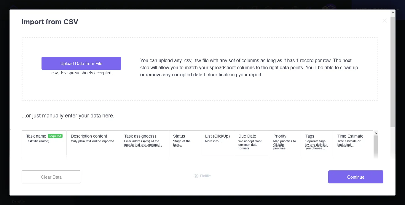 Screenshot of ClickUp using Flatfile