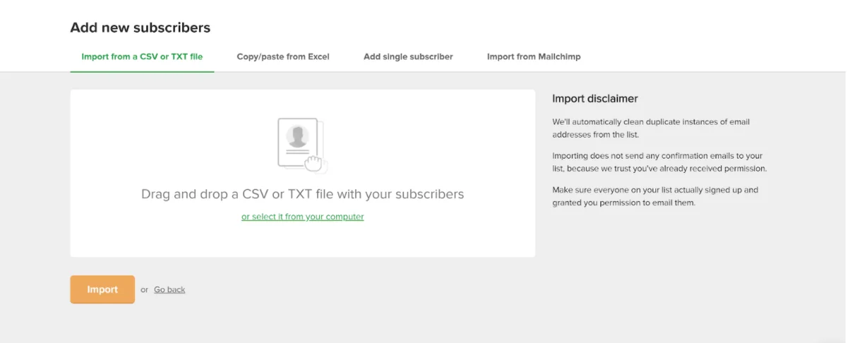 Screenshot of Mailerlite CSV importer