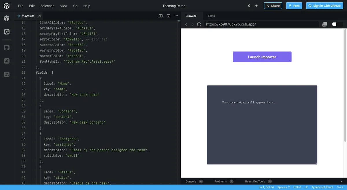 This Portal demo provides the pre-written JavaScript code on the left and a sample of the importer output on the right. (Source: Flatfile)