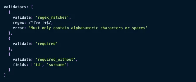 An example from Flatfile on how to code in complex validators including regex for CSV imports (Source: Flatfile)
