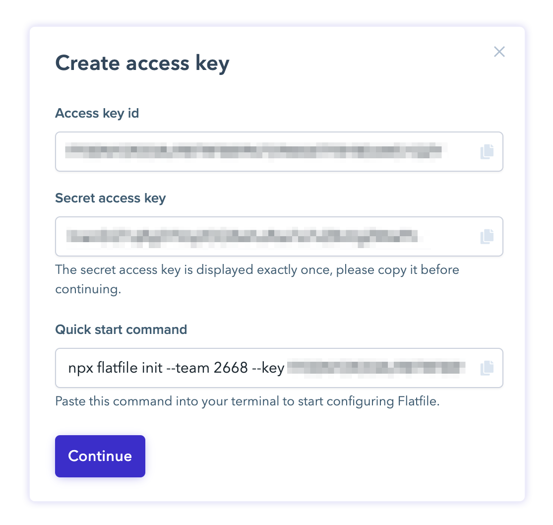 Screenshot of the create access key dialog in the Flatfile dashboard